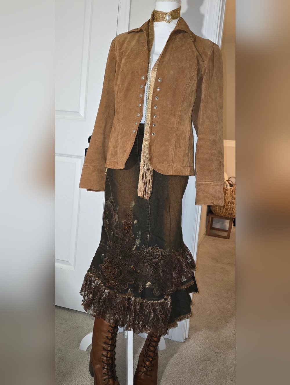 Live a Little Brownish Tan 100% Suede Button-Front Jacket Medium